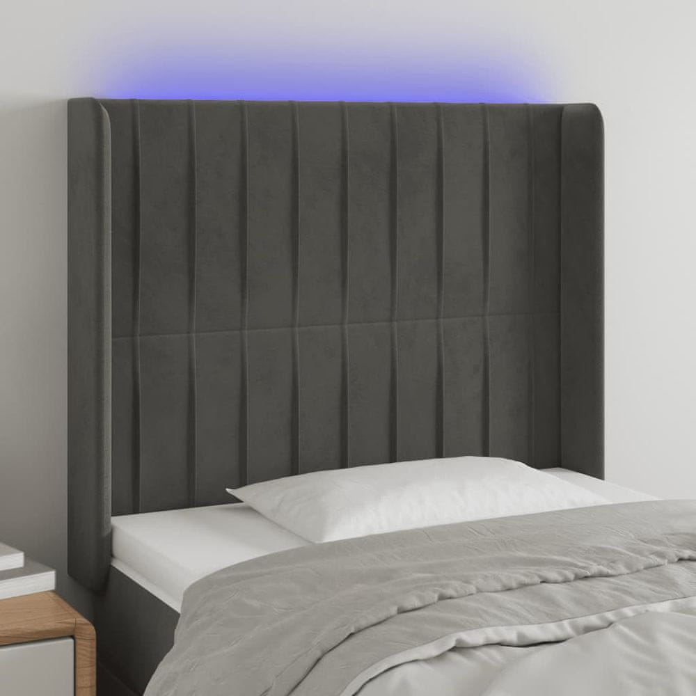 Vidaxl Čelo postele s LED tmavosivé 83x16x118/128 cm zamat